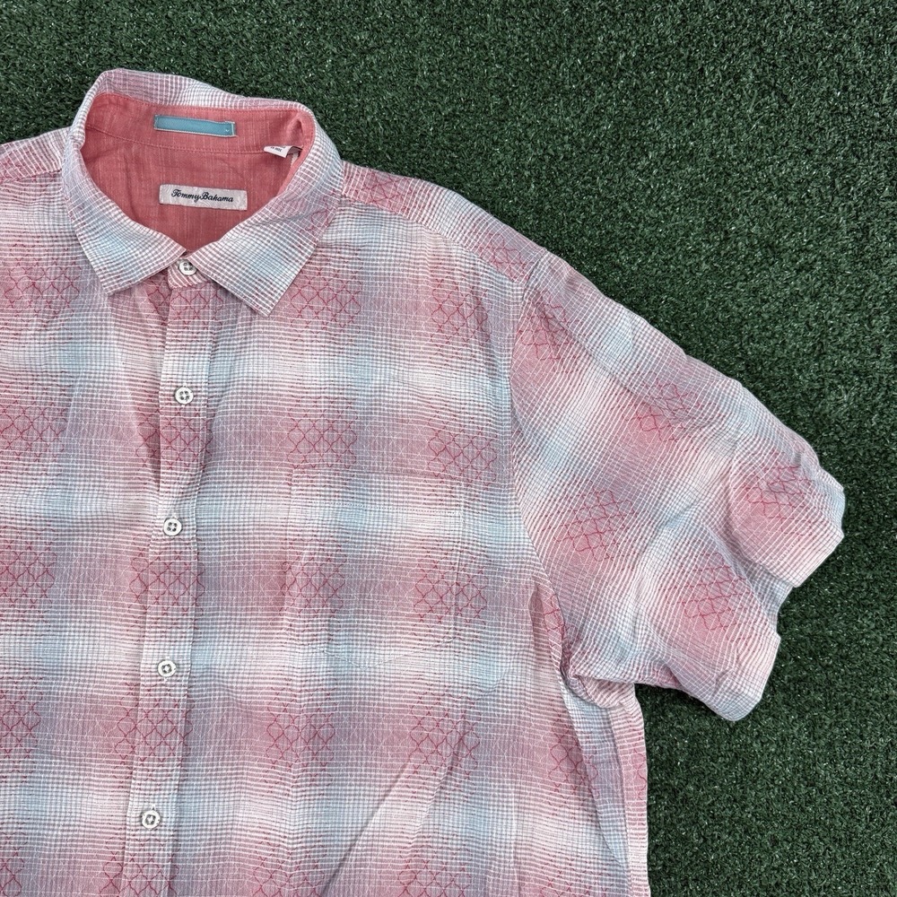 Tommy Bahama Shirt Mens Short Sleeve Button Size 2XL XXL Linen Red Blue